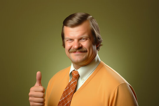 Cheerful Middle-Aged Man Giving Thumbs-Up in Retro Outfit with Mustache and Warm Smiling Expression
