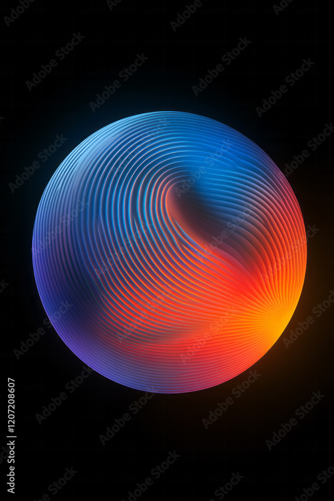 Poster a striking abstract 3d sphere with spiral perforations and vibrant gradient colors, creating a dynam