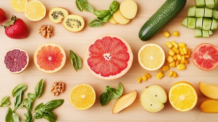 A vibrant array of colorful fruits and vegetables sprawls across a rustic wooden table, inviting a feast for the senses with their fresh allure.