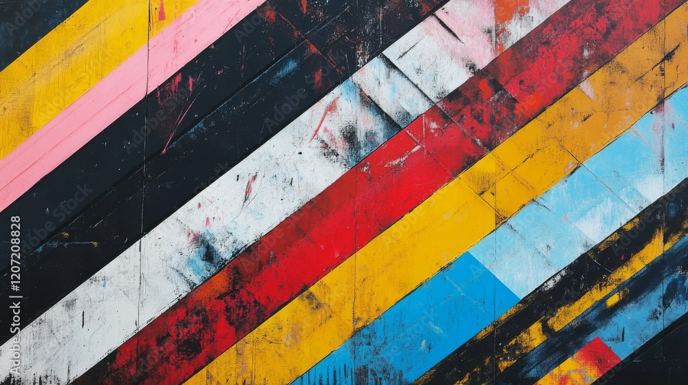 Poster a vibrant abstract composition of colorful diagonal lines crossing each other on a dark background, 