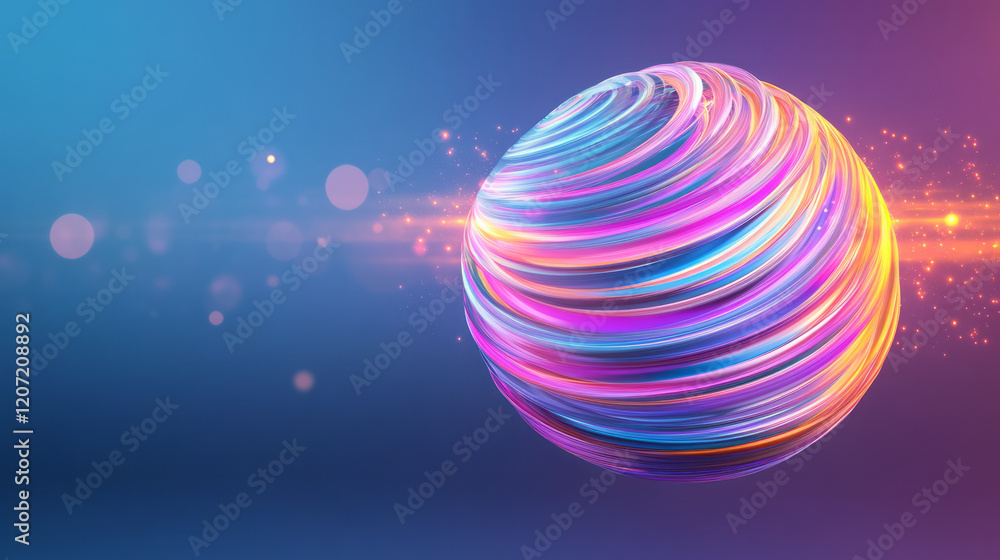Poster a vibrant abstract 3d sphere with asymmetric perforations, using bright colors and dynamic lighting 