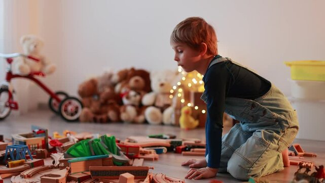 Child, cute boy, playing with toys in a playroom, focus on his feet