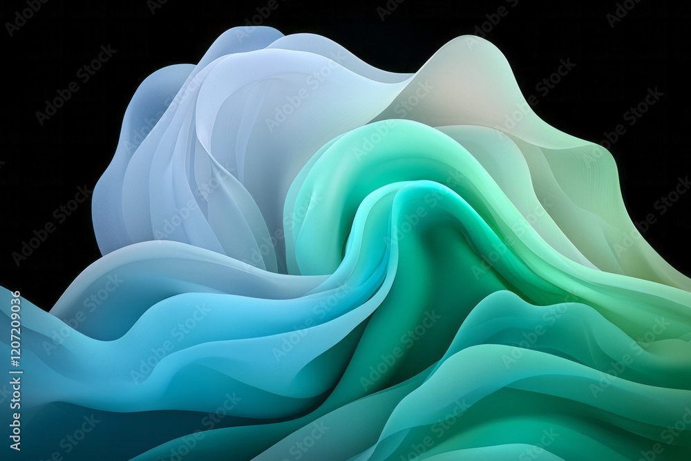 Poster a mesmerizing composition of abstract curved organic shapes in deep blue and emerald green tones, cr