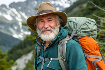 Obraz premium Elderly man hiking with backpack in mountainous landscape