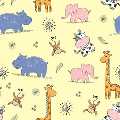 Obraz premium seamless pattern of cute cartoon elephants and flowers on white background