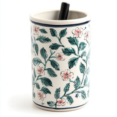 Ornate Floral Ceramic Vase with Pen Holder Featuring Vintage Botanical Design