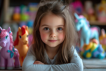 Little girl playing with little ponies on table in nursery. Educational game. Learning through play. Generated by artificial intelligence