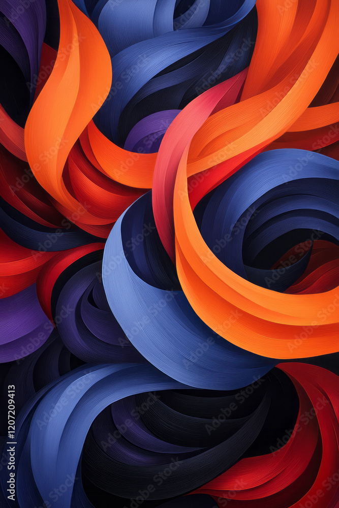Poster a vibrant abstract scene with swirling curved organic forms in deep crimson and cobalt blue, adding 