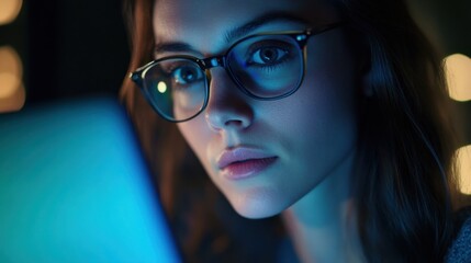 Fototapeta premium A focused close-up of a woman with glasses typing on a laptop with a chroma key green screen, perfect for customizable applications in a professional setting.