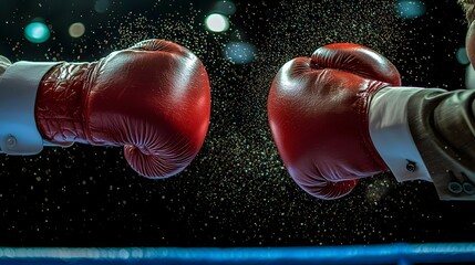 Close up view of two businesspeople in formal attire engaged in an intense boxing match or sparring session demonstrating their competitive spirit and determination in a professional setting