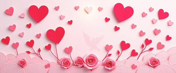 Pink rose petals with hearts romantic background design - Generative AI
