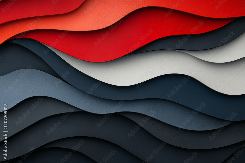 Poster a striking abstract scene with bold curved organic shapes in deep ruby and navy tones, creating a po