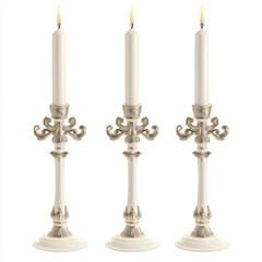 Fototapeta premium Elegant White Candlesticks Lit with Tall Candles on Ornate Holders