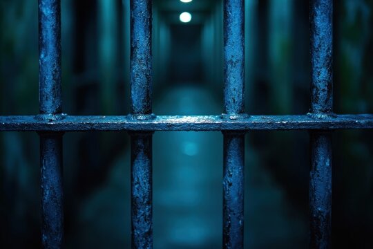 Dark prison cell bars, dimly lit corridor.