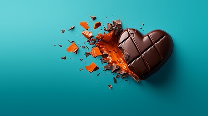 Shattered heart-shaped chocolate bar, orange filling, teal background; Valentine's Day or dessert advertising