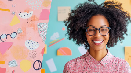 Portrait of a smiling woman with curly hair wearing glasses against an abstract background