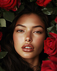 Portrait of Latin woman amongst red roses backdrop