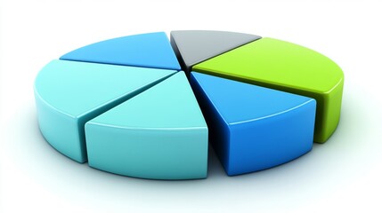 Obraz premium A vibrant pie chart with sections in various shades of blue, green, and gray, displayed on a bright white background for a crisp, clean financial look