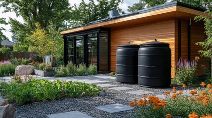Modern garden with wooden structure and rainwater harvesting tanks