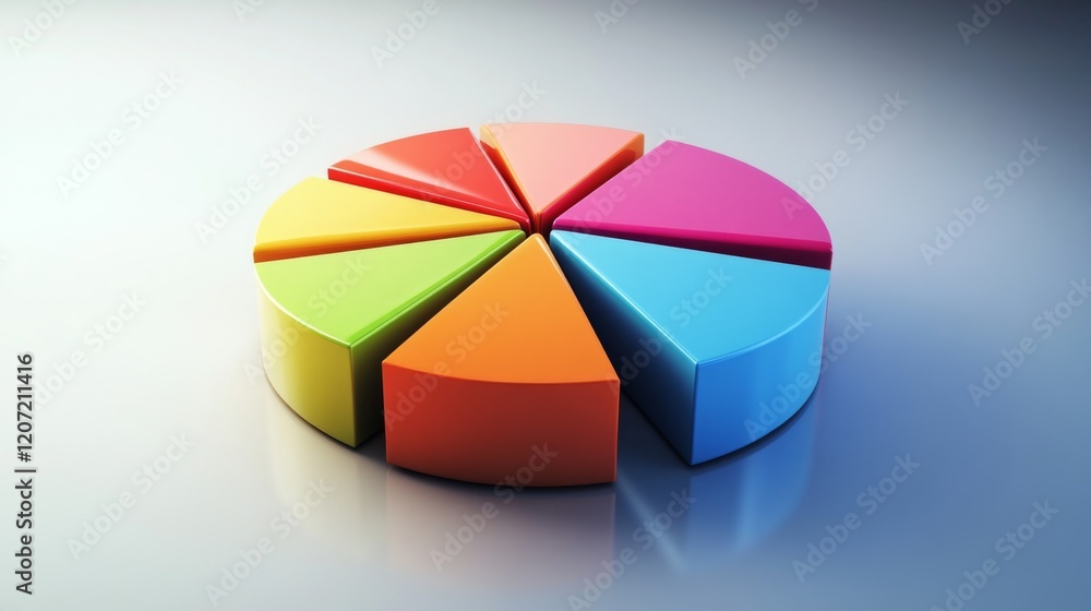 Fototapete a vibrant pie chart with segments in various colors, each part slightly separated, set on a reflecti