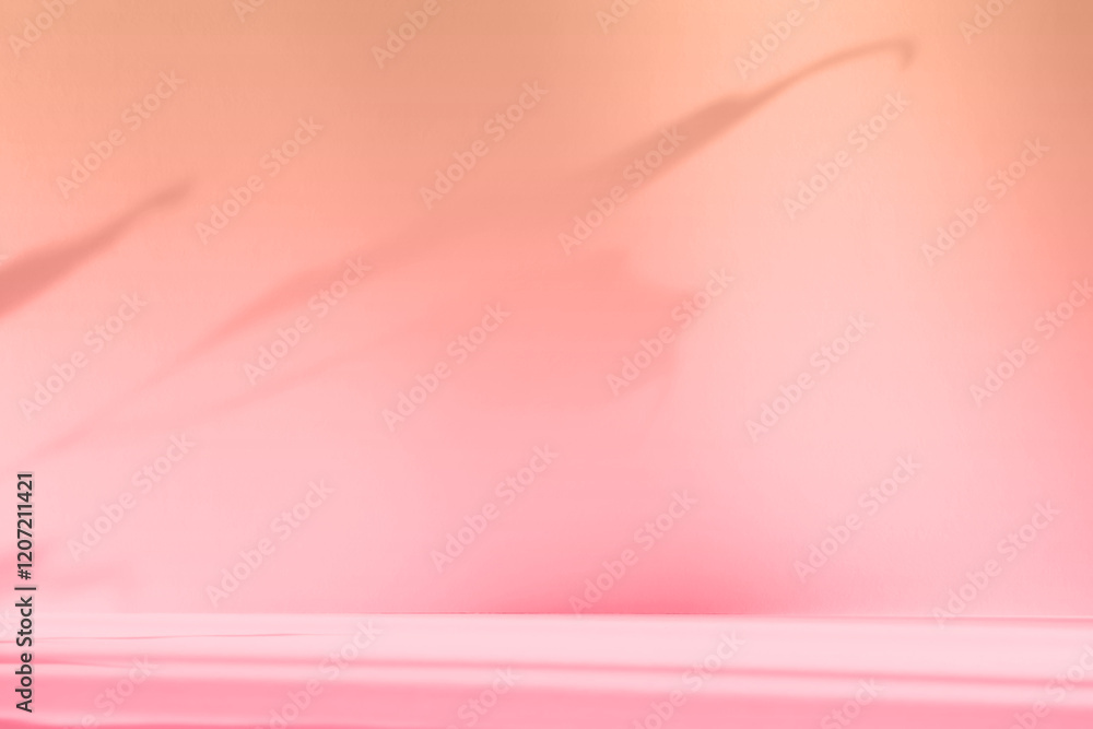 Poster Abstract pink color gradient studio background for product presentation. Empty room with shadows of flowers and plant leaves. 3d orange room with copy space. Summer concept. Blurred backdrop
