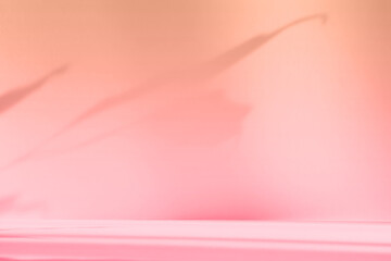 Abstract pink color gradient studio background for product presentation. Empty room with shadows of flowers and plant leaves. 3d orange room with copy space. Summer concept. Blurred backdrop