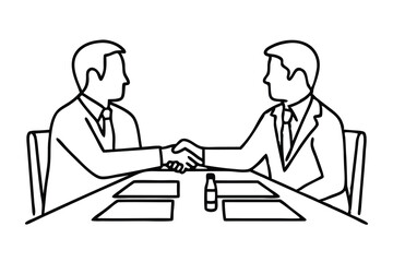 Two business professionals shaking hands over a conference table Line art flat vector illustration