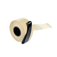Standard tape dispenser with a tape roll inside, isolated on a clean white background.