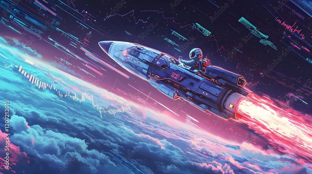 Poster visionary business leader riding futuristic rocket with trailing graphs charts and data visualizatio