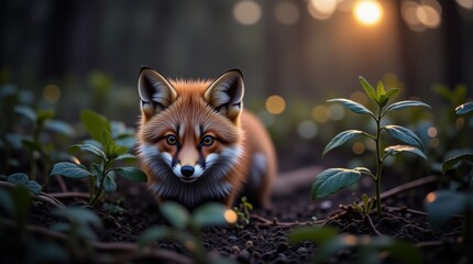 Naklejka premium A curious fox in a forest at sunset, surrounded by lush greenery and soft-focus light