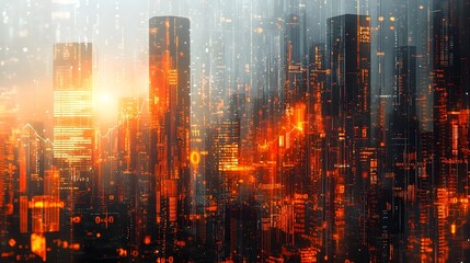 Fototapeta premium Vibrant digital financial cityscape featuring a glowing futuristic skyline of modern skyscrapers and technology driven data visualizations