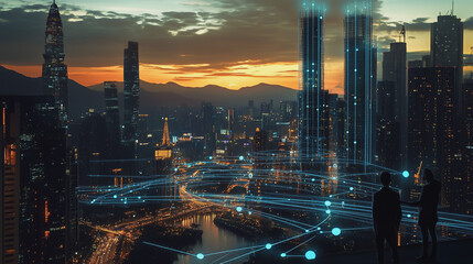 abstract professional business team people connection of line from nail node to node on Smart digital cityscap and skyline background , Innovation networking concept