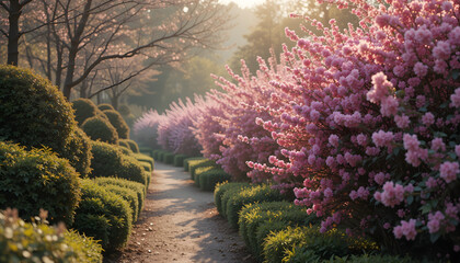 Blooming garden shrubs lining a picturesque pathway at sunrise