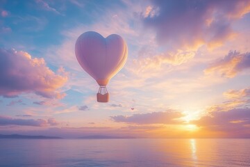 Fototapeta premium Hot Air Balloon in Heart Shape Over Serene Sunset Sky