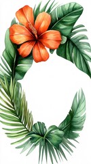 Obraz premium Watercolor Tropical Floral Wreath with Orange Hibiscus and Lush Green Leaves Perfect for Summer Designs