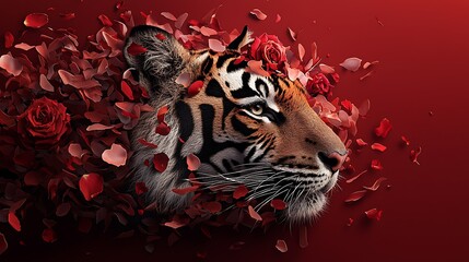 Tiger portrait, rose petals, red background, romance, Valentine's Day