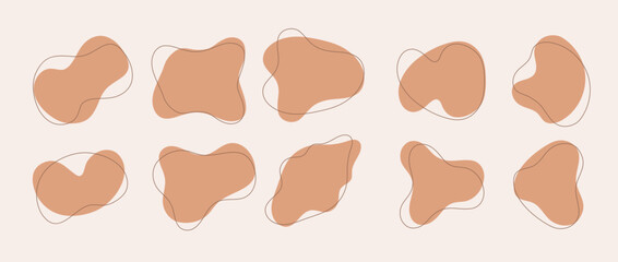 Set of Freeform or irregular blob. Collection of abstract amoeba. Boho elements for design decoration. Vector illustrations isolated on beige background.