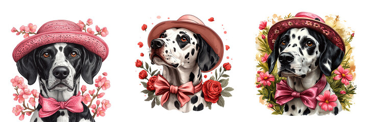 Three stylish Dalmatian dogs in pink hats and bow ties, adorned with flowers. Perfect for fashion,...