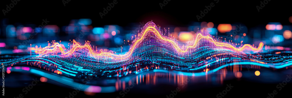 Poster abstract digital waveform: neon lightscape data visualization