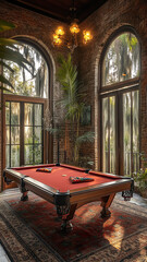 luxurious pool table in vintage room with large arched windows, surrounded by greenery and warm lighting, creating inviting atmosphere for relaxation and entertainment