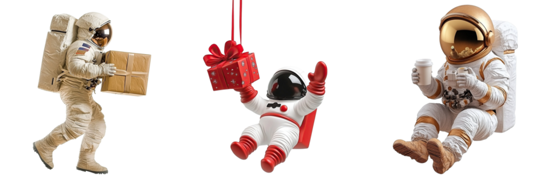 Three astronauts in various poses one carrying a package, one holding a gift, and one enjoying a coffee break.  Perfect for space, delivery, or holiday themes. On transparent background