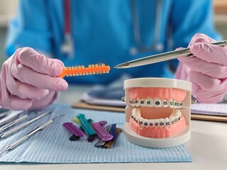 Dental tools and colorful orthodontic bands displayed with dental model for patient education