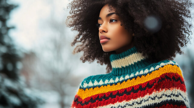Beautiful Woman Winter Fashion Portrait Stylish Afro Hair Colorful Knit Sweater Outdoor art pic red girl cold look style
