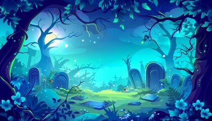 Fototapeta premium A spooky, magical forest graveyard with a full moon, overgrown with trees and bushes.