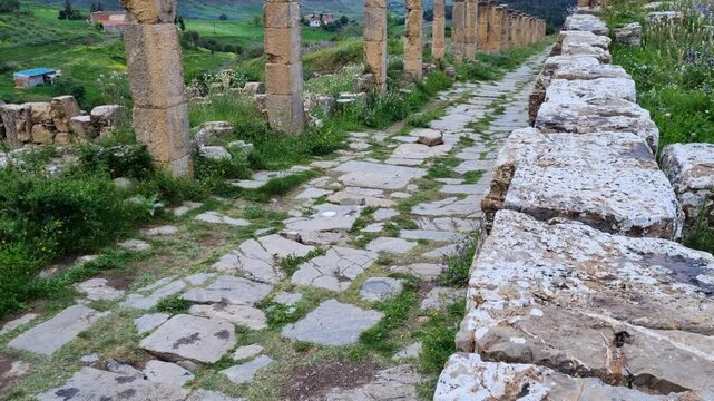 Revealing shot of the paved Cardo Maximus road, lined with ancient Roman columns, amidst the historic ruins of Djemila, Algeria, captured on a cloudy spring day