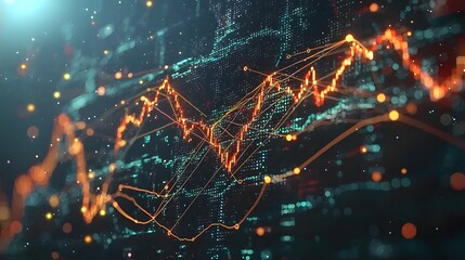 Futuristic digital market representation featuring intertwined trend lines data analytics and intricate financial visualizations