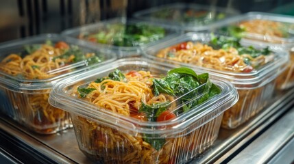 Fototapeta premium Delicious pasta salad in individual containers ready for serving