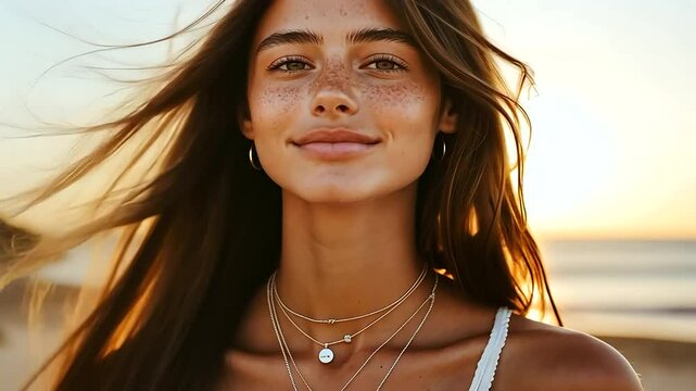 Model Wearing Layered Necklaces Against Sunset Backdrop