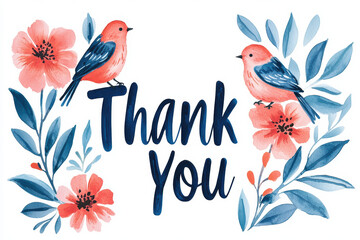 Fototapeta premium A vibrant watercolor illustration featuring two birds and flowers, conveying a heartfelt thank you message.