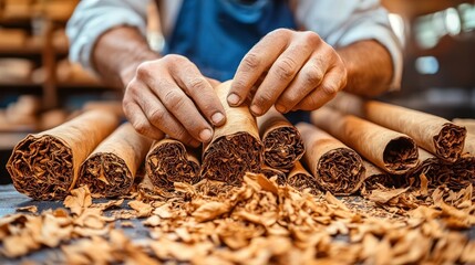 Hands rolling premium cigars.